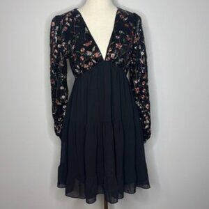 She + Sky - Mesh Long Sleeve Black Dress with Sequin Floral Details